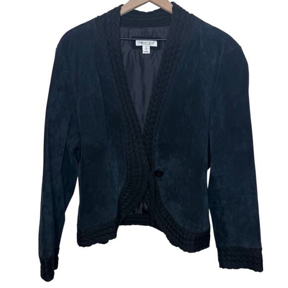 COLDWATER CREEK VINTAGE Women's XL Suede Leather Crochet Knit Trim Jacket Black - Picture 1 of 16